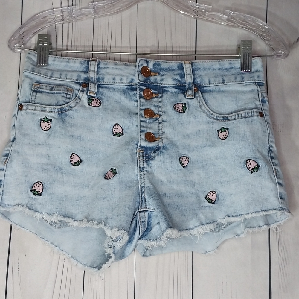 No Boundaries Light Blue Denim Shorts with Strawberry Print